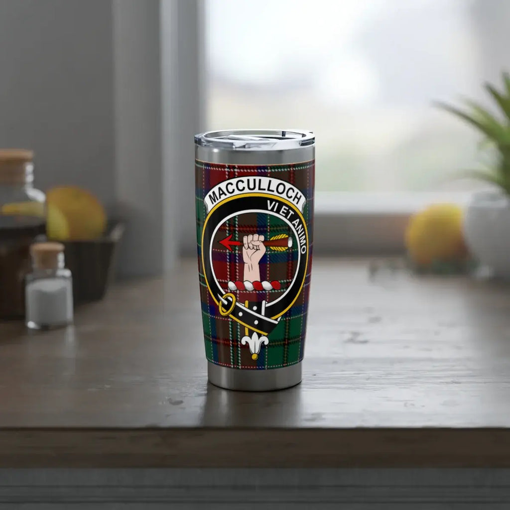 MacCulloch clan crest tumbler showing tartan wrap detail — slim profile fits cup holders