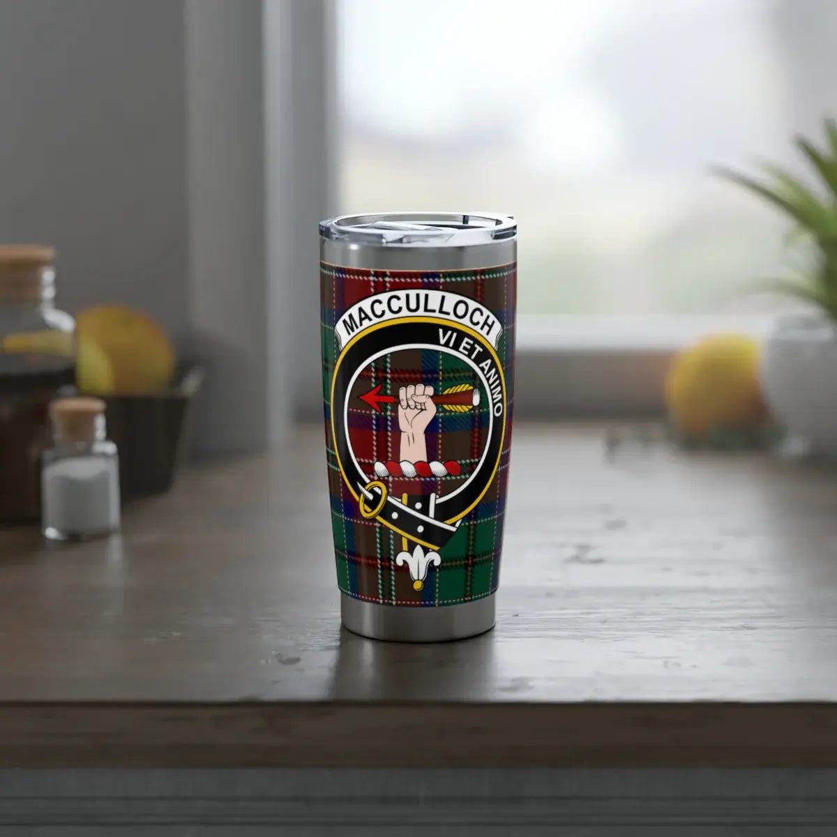 MacCulloch clan crest tumbler showing tartan wrap detail — slim profile fits cup holders