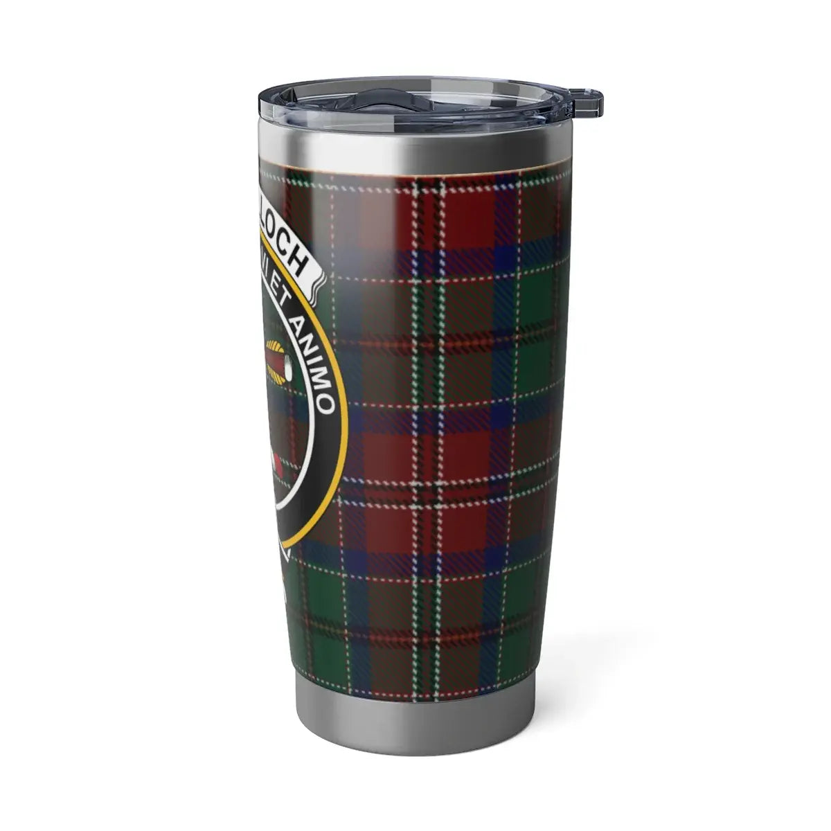 MacCulloch Vi Et Animo tartan insulated tumbler in hand — 20 oz heritage travel drinkware