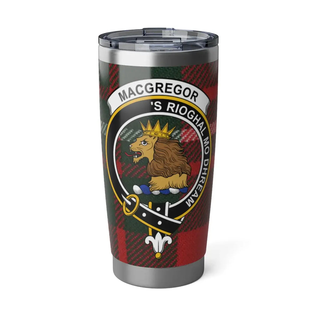 MacGregor clan crest tartan travel tumbler — 20oz stainless steel with 'S Rioghal Mo Dhream heraldic design