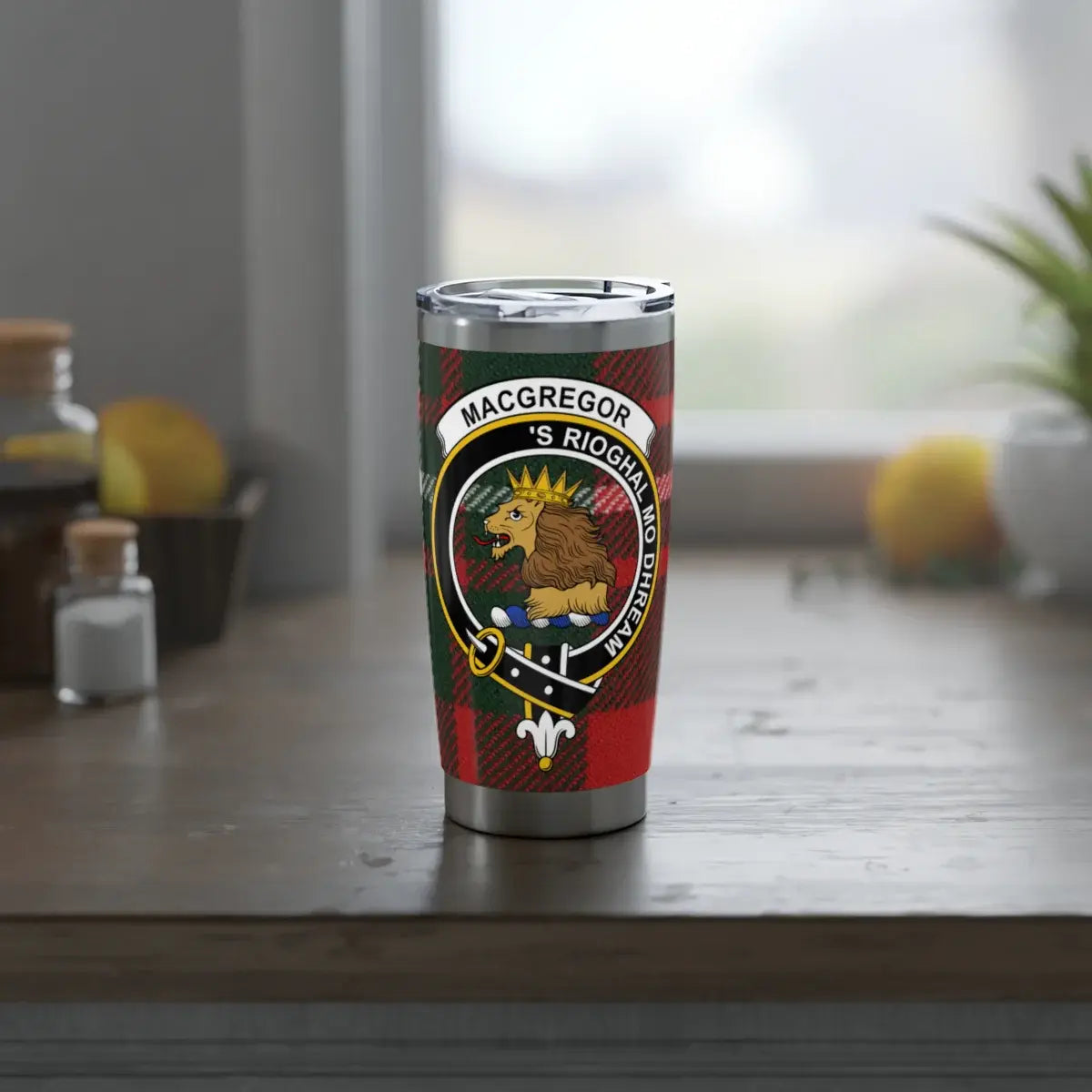 MacGregor tartan lion crest travel mug — 20oz insulated stainless steel with clan heraldic design