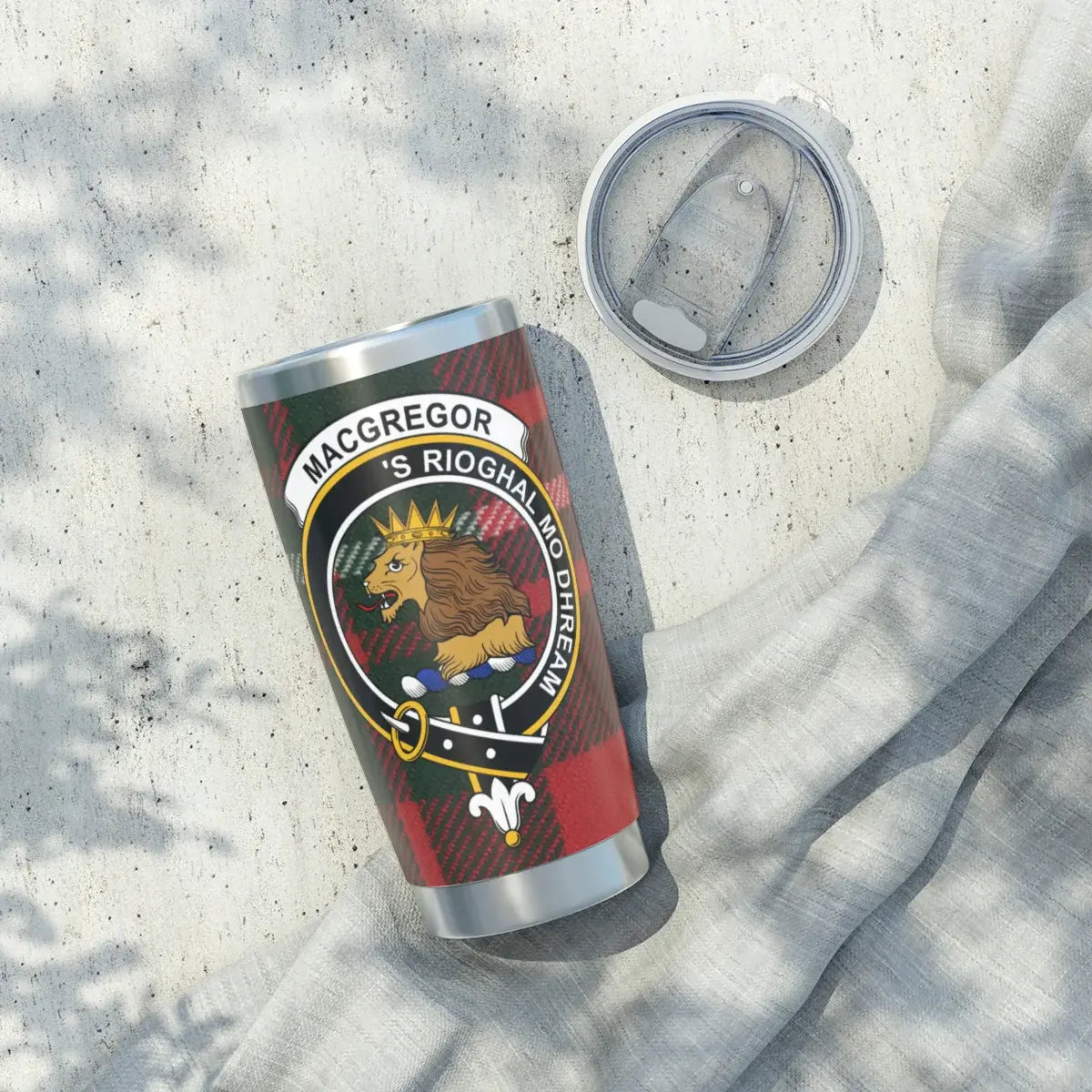 MacGregor clan crest tartan travel mug — 20oz double-wall insulated stainless steel