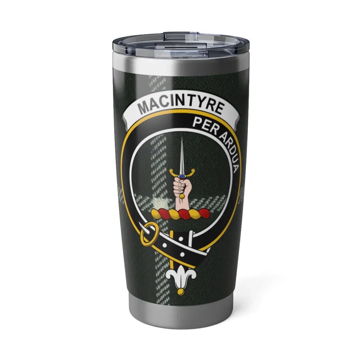MacIntyre Per Ardua insignia clan crest travel tumbler — 20oz stainless steel with heraldic design