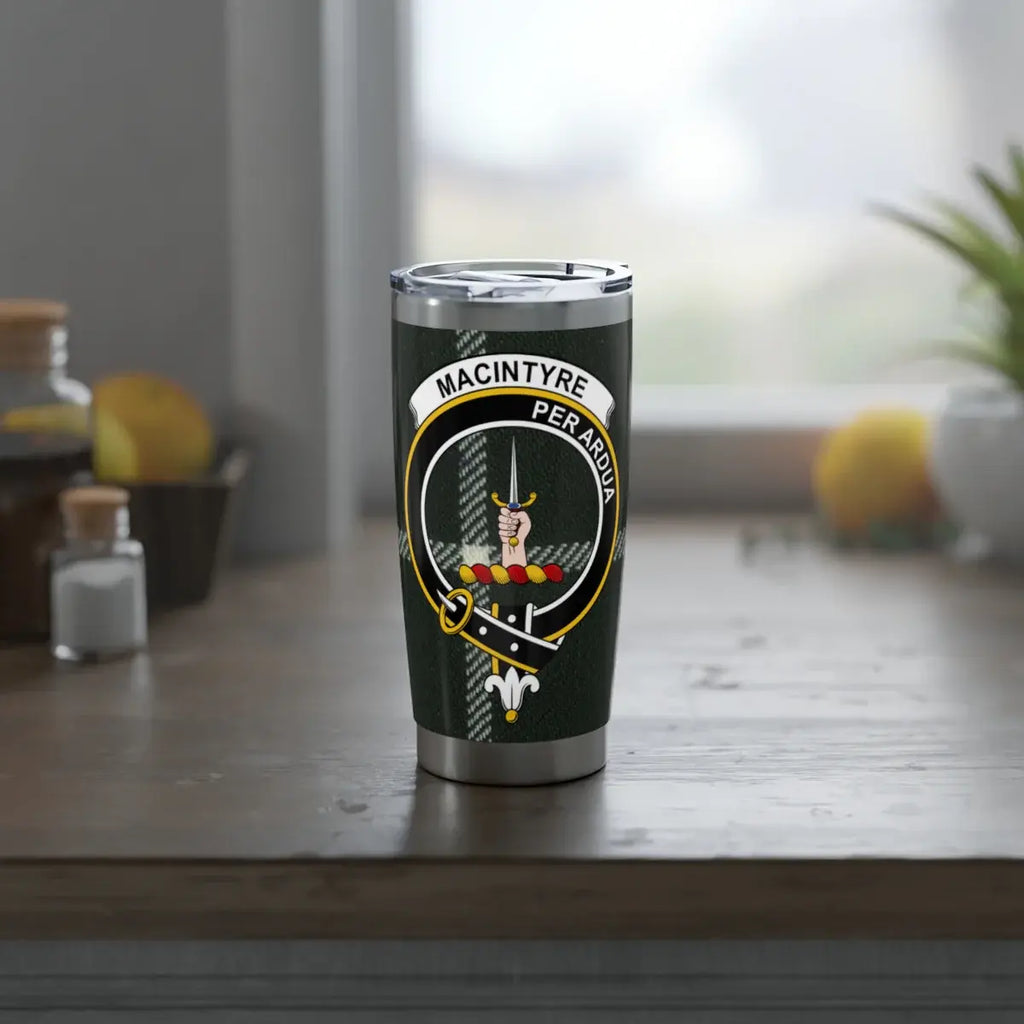 MacIntyre Per Ardua clan crest tumbler — 20oz insulated stainless steel with heraldic design