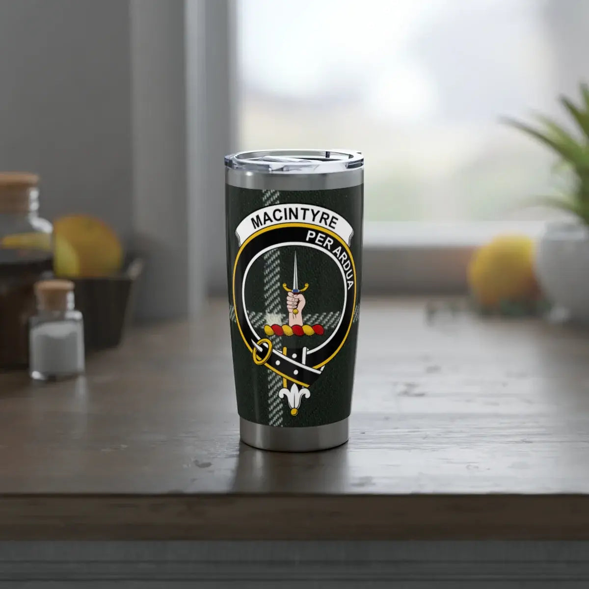 MacIntyre Per Ardua clan crest tumbler — 20oz insulated stainless steel with heraldic design