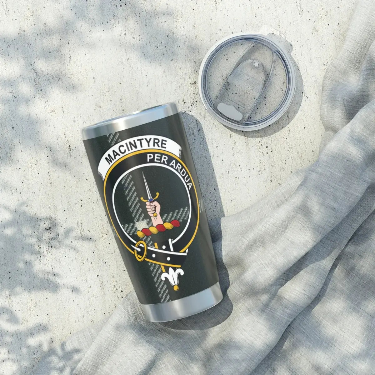 MacIntyre Per Ardua clan crest tumbler with heraldic design — 20oz double-wall stainless steel