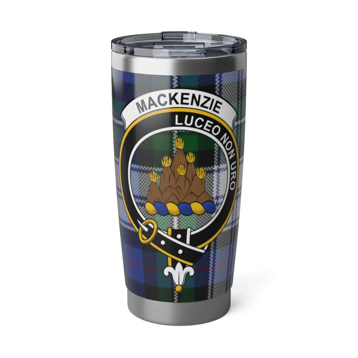 MacKenzie Luceo Non Uro tartan clan crest insulated tumbler — 20oz stainless steel with heraldic design