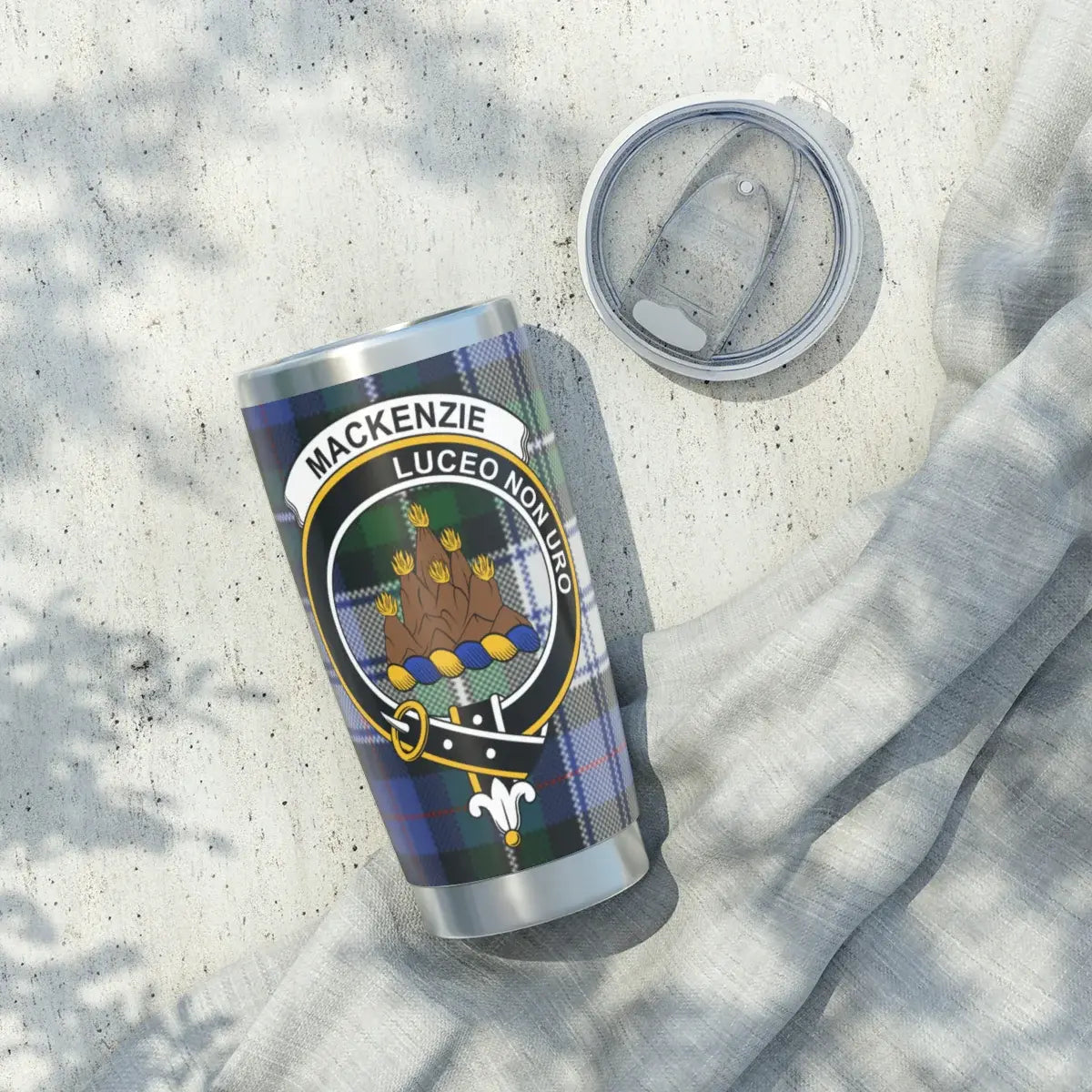 MacKenzie Luceo Non Uro clan crest insulated tumbler — 20oz stainless steel with heraldic design