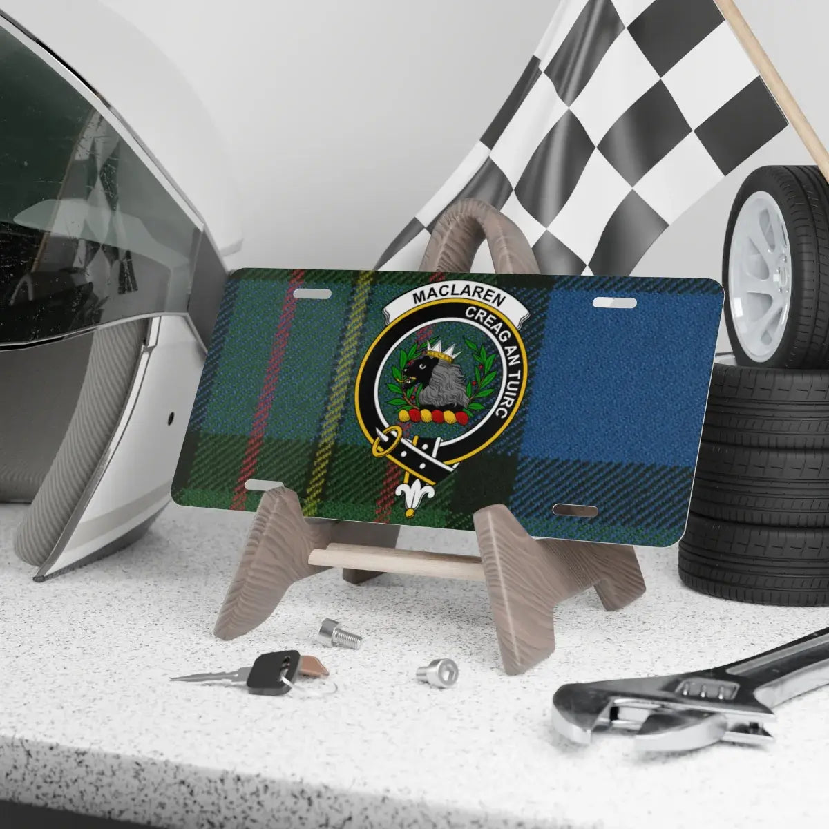 MacLaren clan crest tartan novelty license plate — Creag An Tuirc on aluminium 12x6 inch
