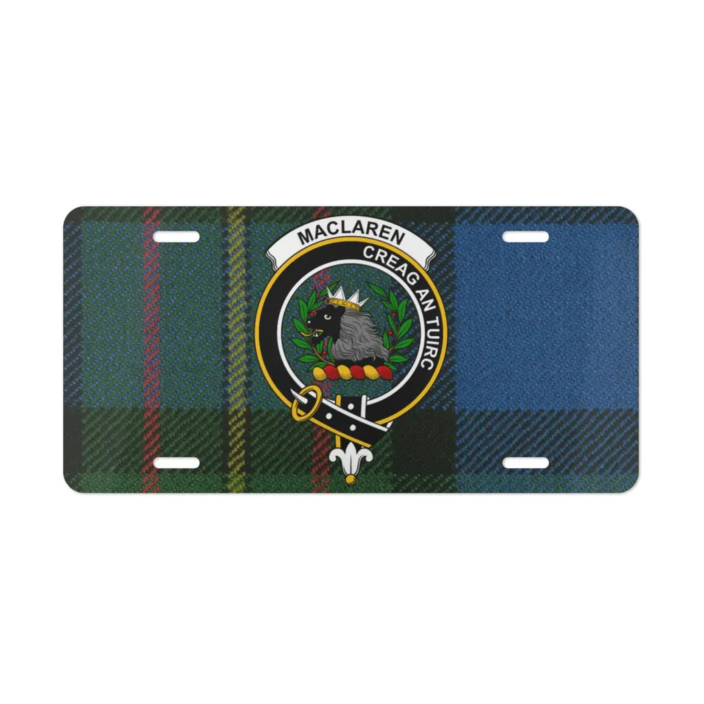 MacLaren clan crest tartan license plate — vivid print on white aluminium front 12x6