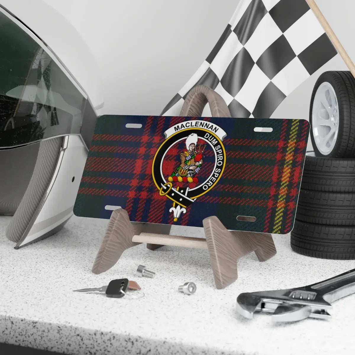 MacLennan clan crest tartan novelty license plate — Dum Spiro Spero on aluminium 12x6 inch