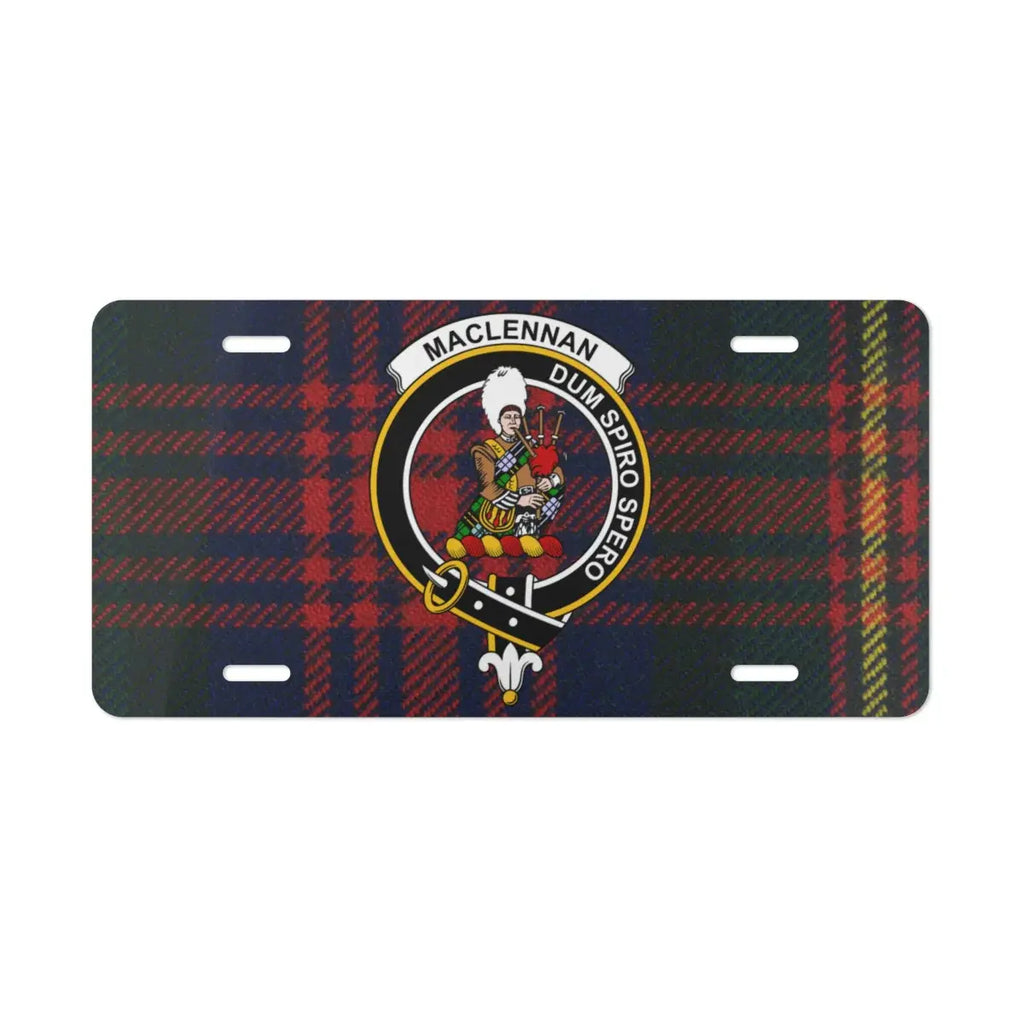 MacLennan clan crest tartan license plate — vivid print on white aluminium front 12x6