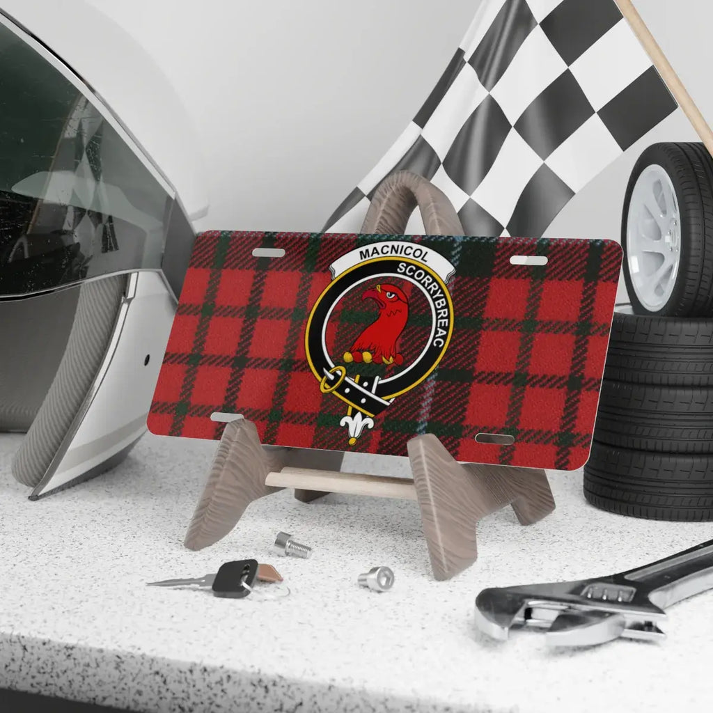 Clan MacNicol tartan novelty license plate — aluminium 12"×6" with Scorrybreac clan crest