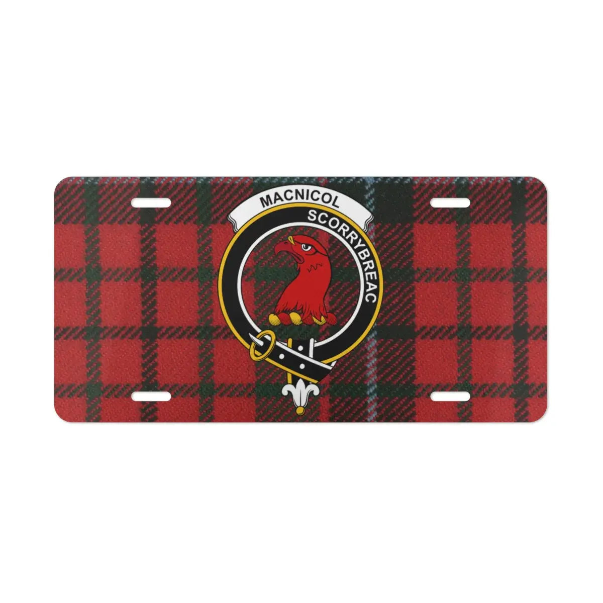 Clan MacNicol Scorrybreac tartan license plate — red and black plaid clan crest print on white aluminium