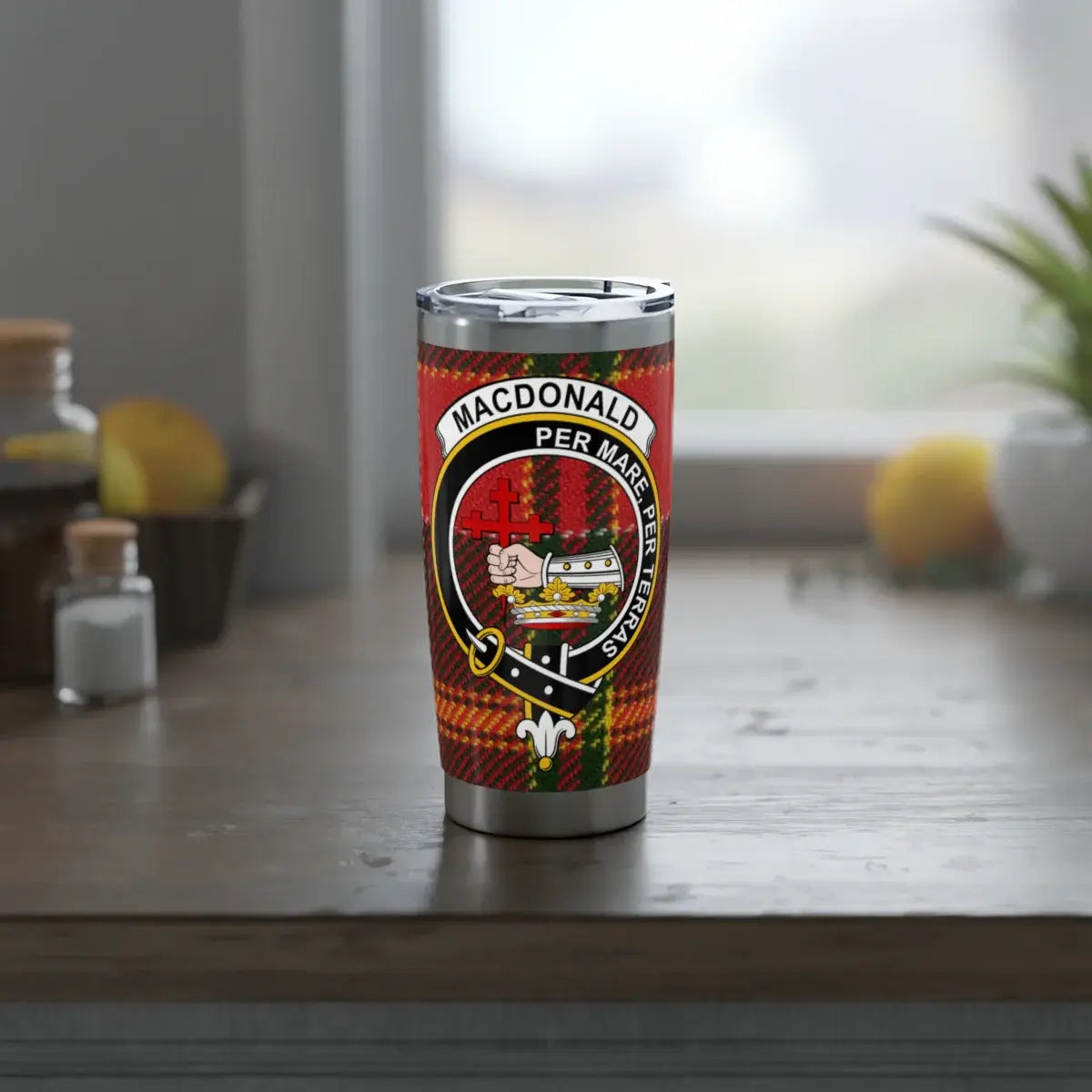 MacDonald clan tartan design insulated tumbler — 20oz stainless steel with clan crest