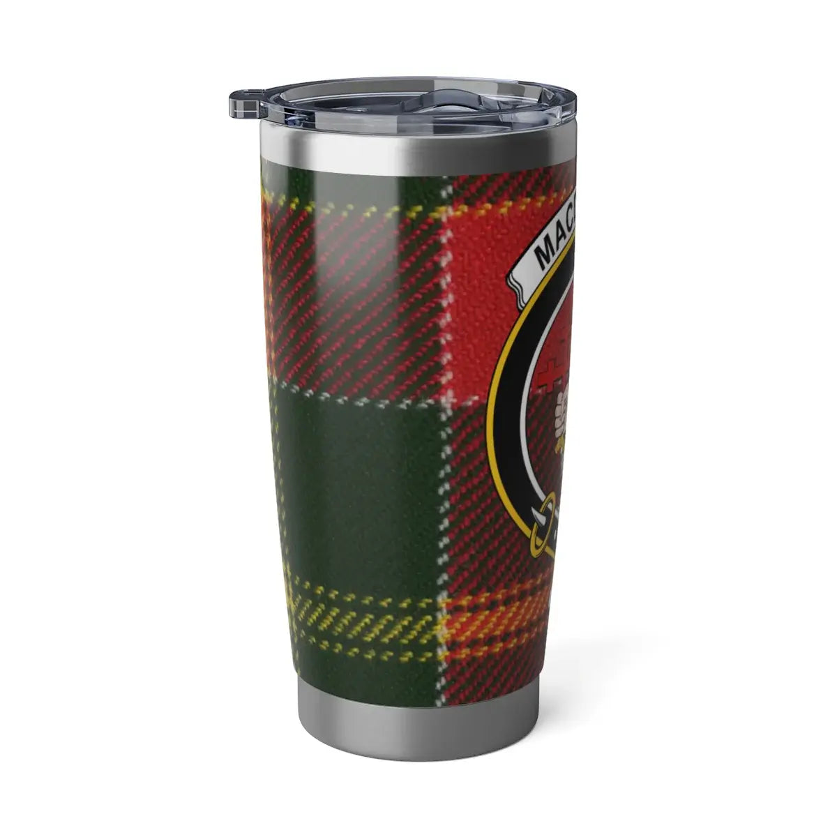 MacDonald clan tartan thermal travel tumbler — 20oz stainless steel with By Sea By Land motto
