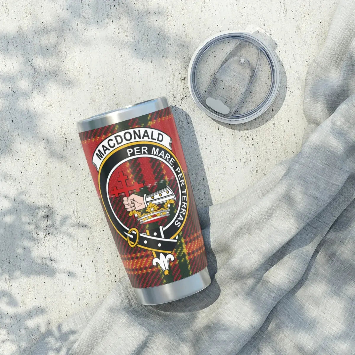 MacDonald clan tartan personalised 20oz tumbler — stainless steel with full clan crest