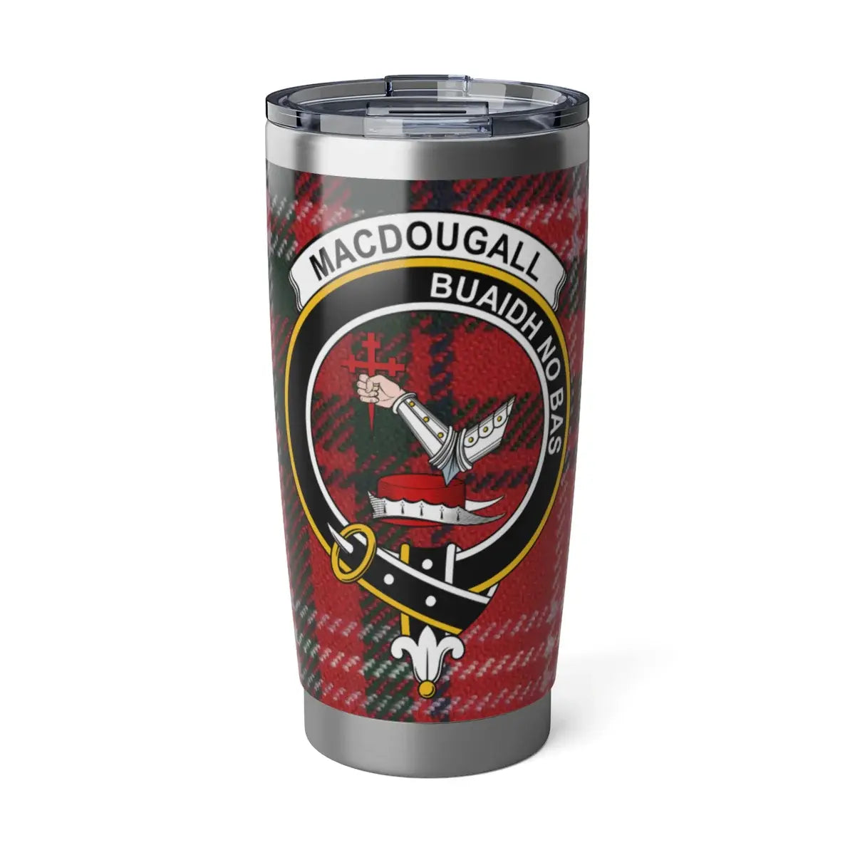 MacDougall clan crest tartan 20oz tumbler — stainless steel with Buaidh No Bas heraldic design