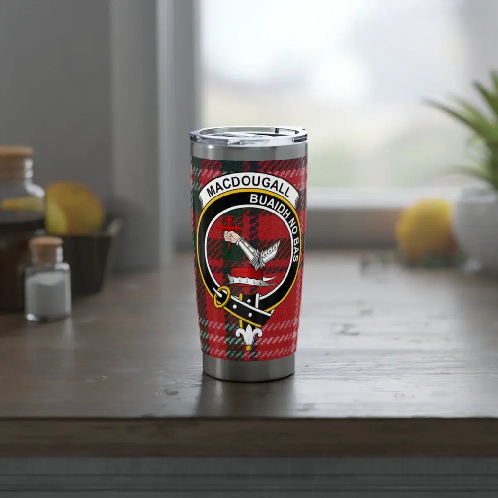 MacDougall Buaidh No Bas tartan design tumbler — 20oz insulated stainless steel with clan crest