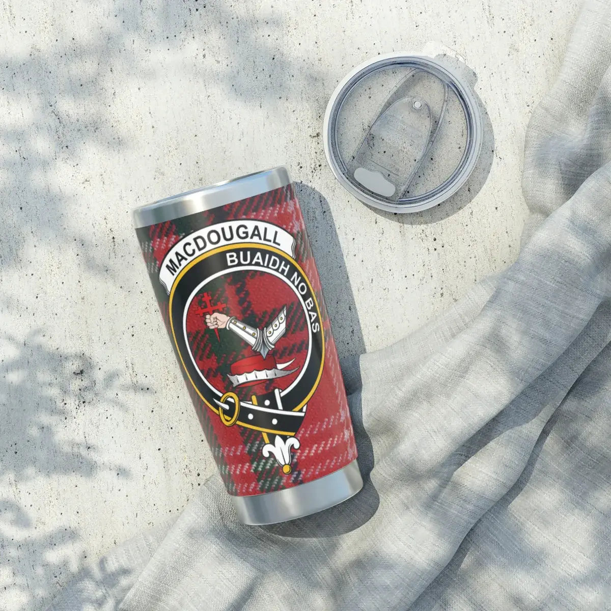 MacDougall clan crest tartan insulated tumbler — 20oz stainless steel with full heraldic design