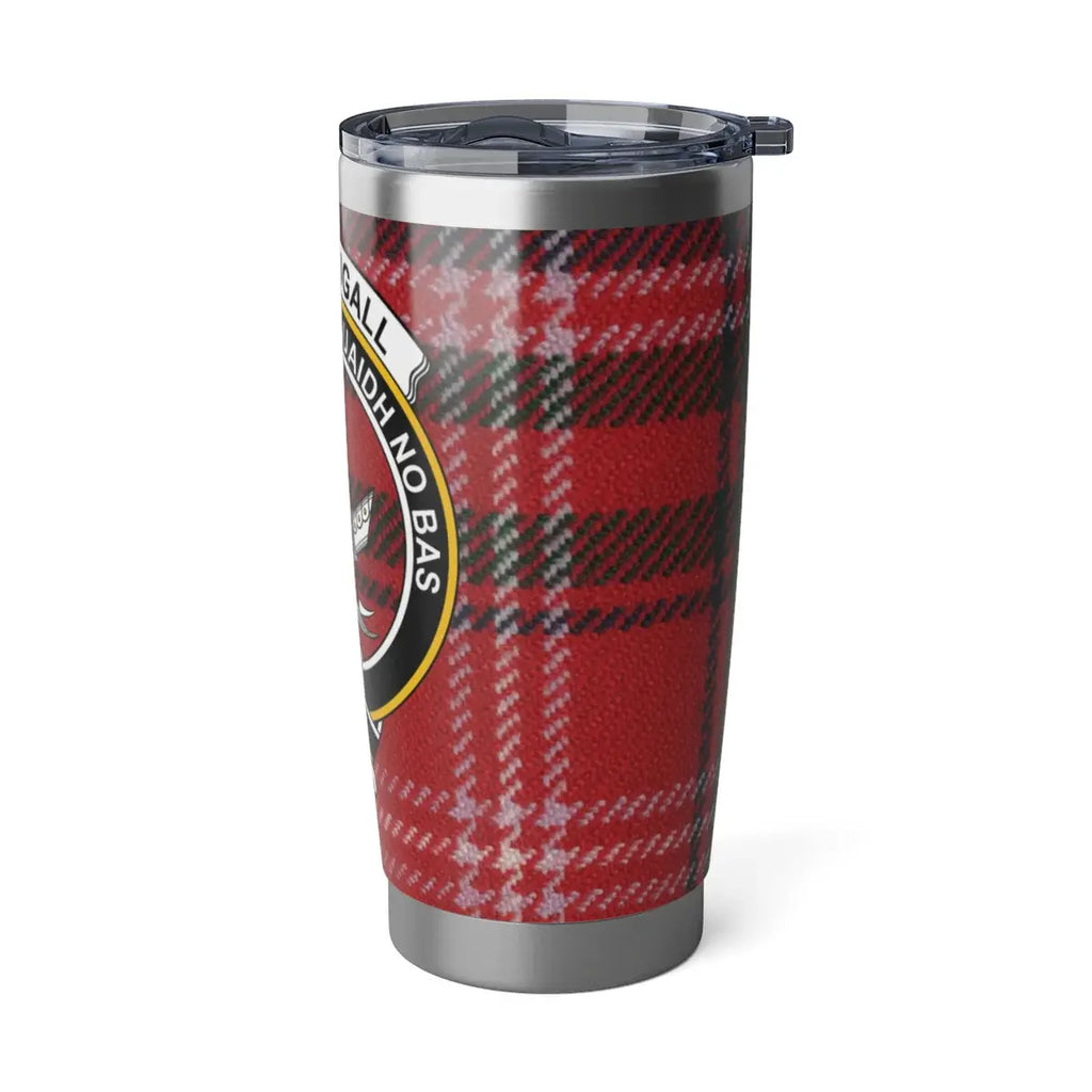 MacDougall clan red plaid tartan insulated travel mug with seal design — 20oz stainless steel