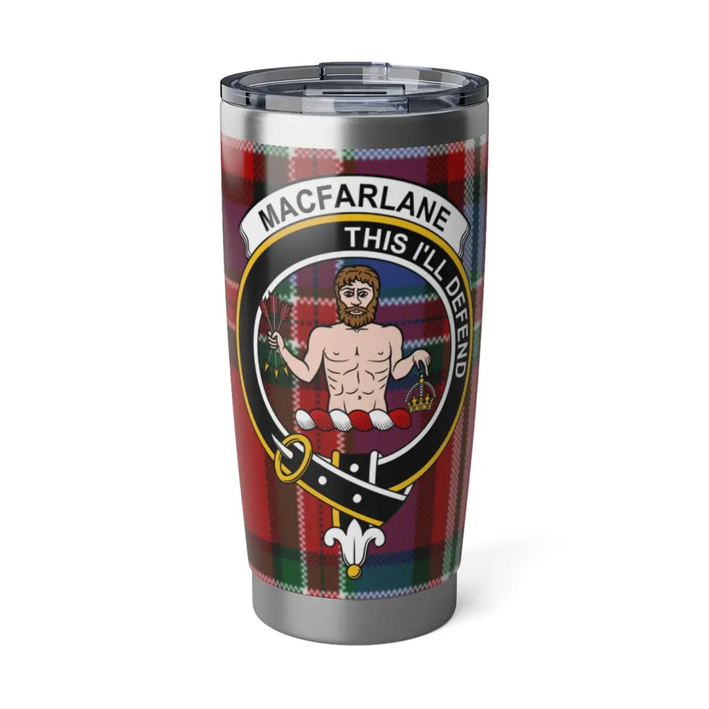 MacFarlane This I'll Defend tartan tumbler cup — 20oz stainless steel with clan crest heraldic design