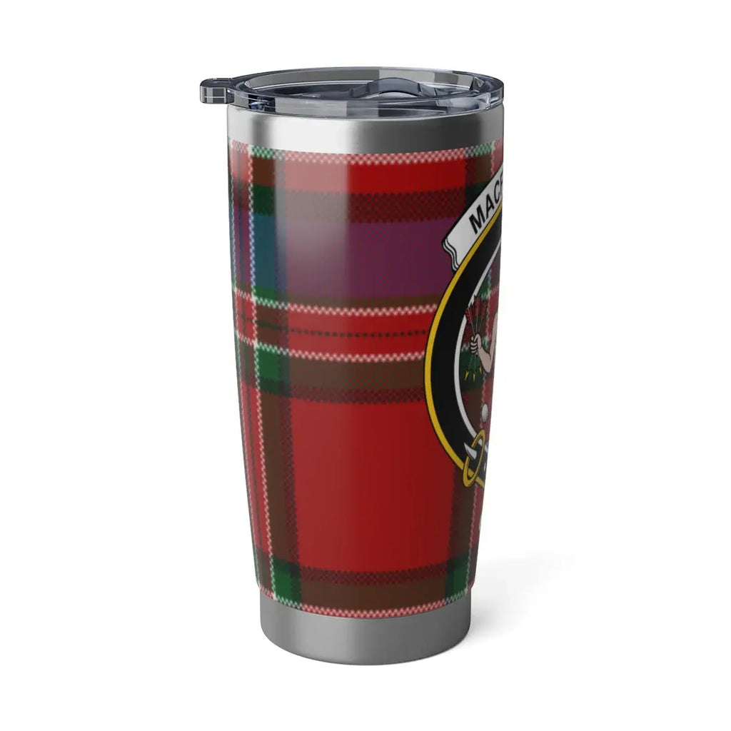 MacFarlane clan crest red plaid tartan 20oz tumbler — stainless steel with This I'll Defend motto