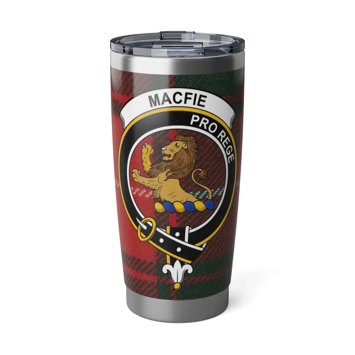 MacFie clan crest lion rampant 20 oz insulated steel tumbler — Pro Rege tartan wrap