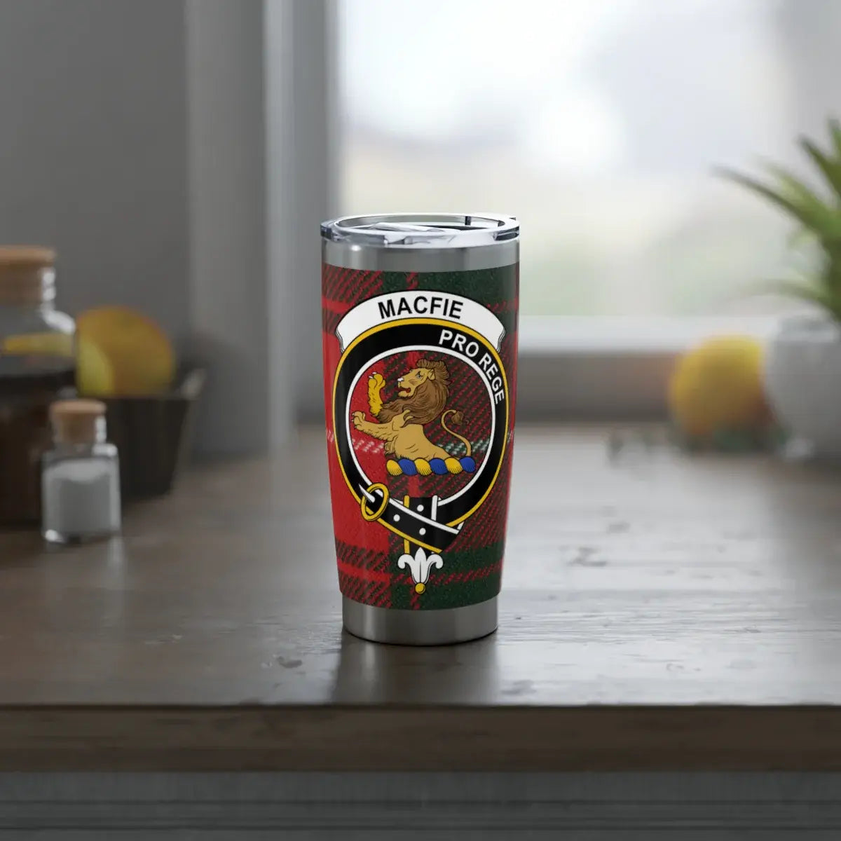 MacFie Pro Rege clan crest tumbler showing tartan wrap — slim profile fits cup holders