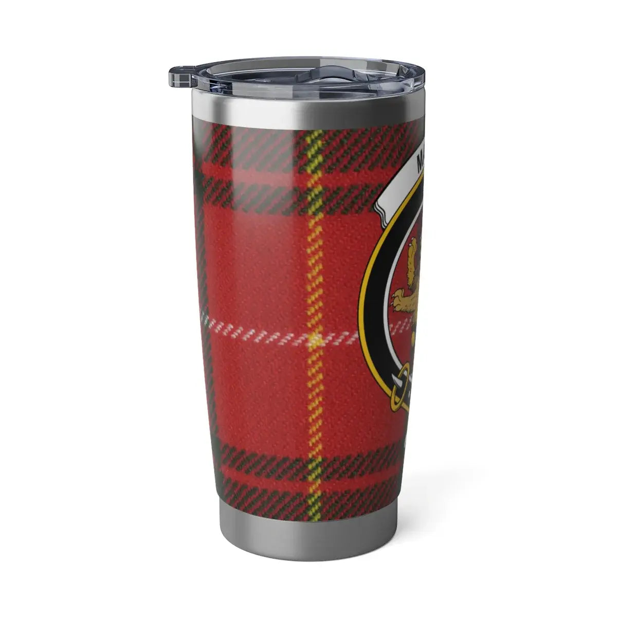 MacFie Scottish tartan travel tumbler — lion rampant clan crest on double-wall steel cup