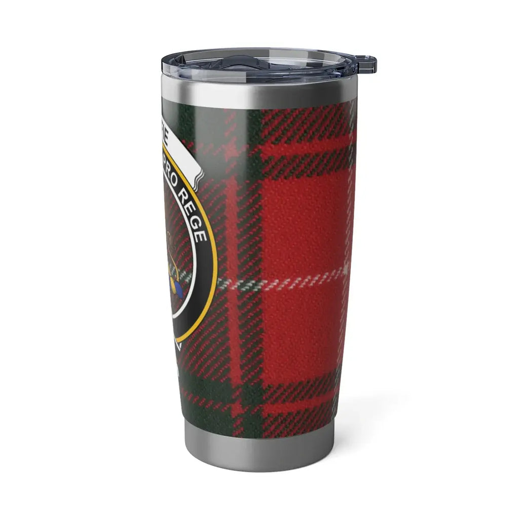 MacFie Pro Rege red tartan insulated tumbler in hand — 20 oz heritage travel drinkware