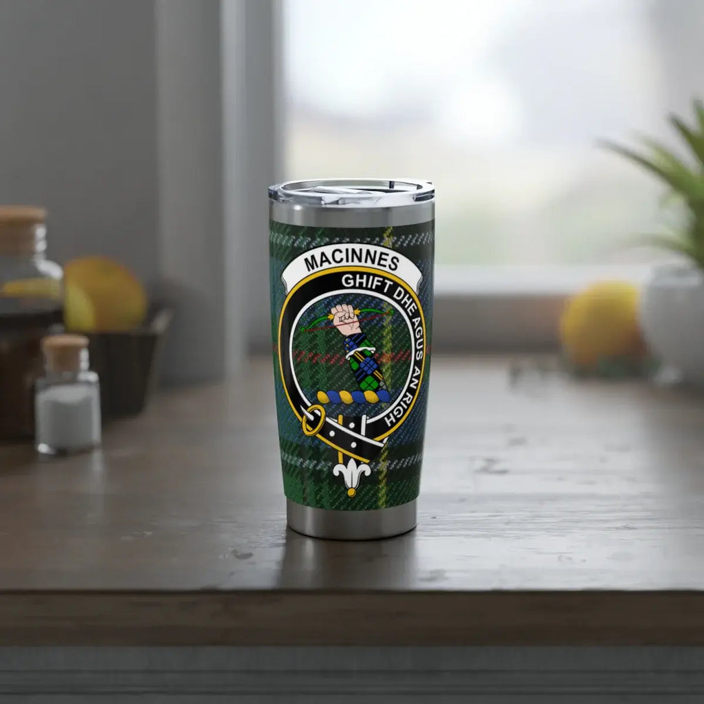 MacInnes clan crest tumbler showing tartan wrap — slim profile fits car cup holders