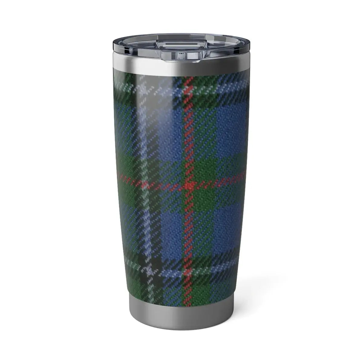 MacInnes tartan plaid insulated tumbler — blue and green crest wrap on stainless steel