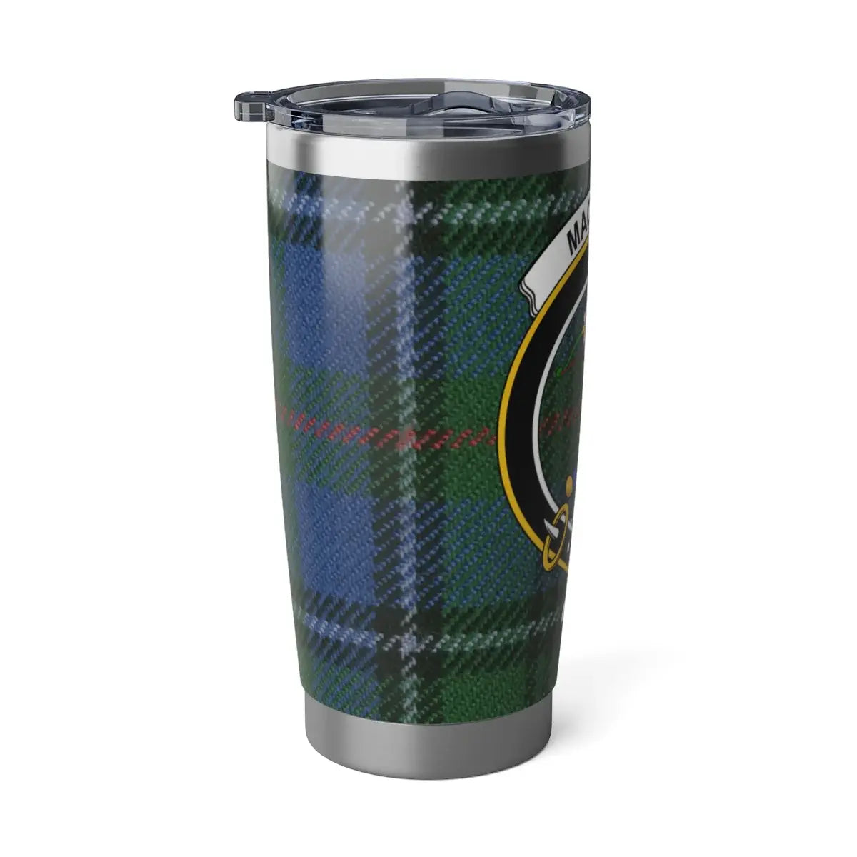 MacInnes Scottish clan tartan tumbler — Ghìft Dhe Agus An Righ on double-wall steel cup