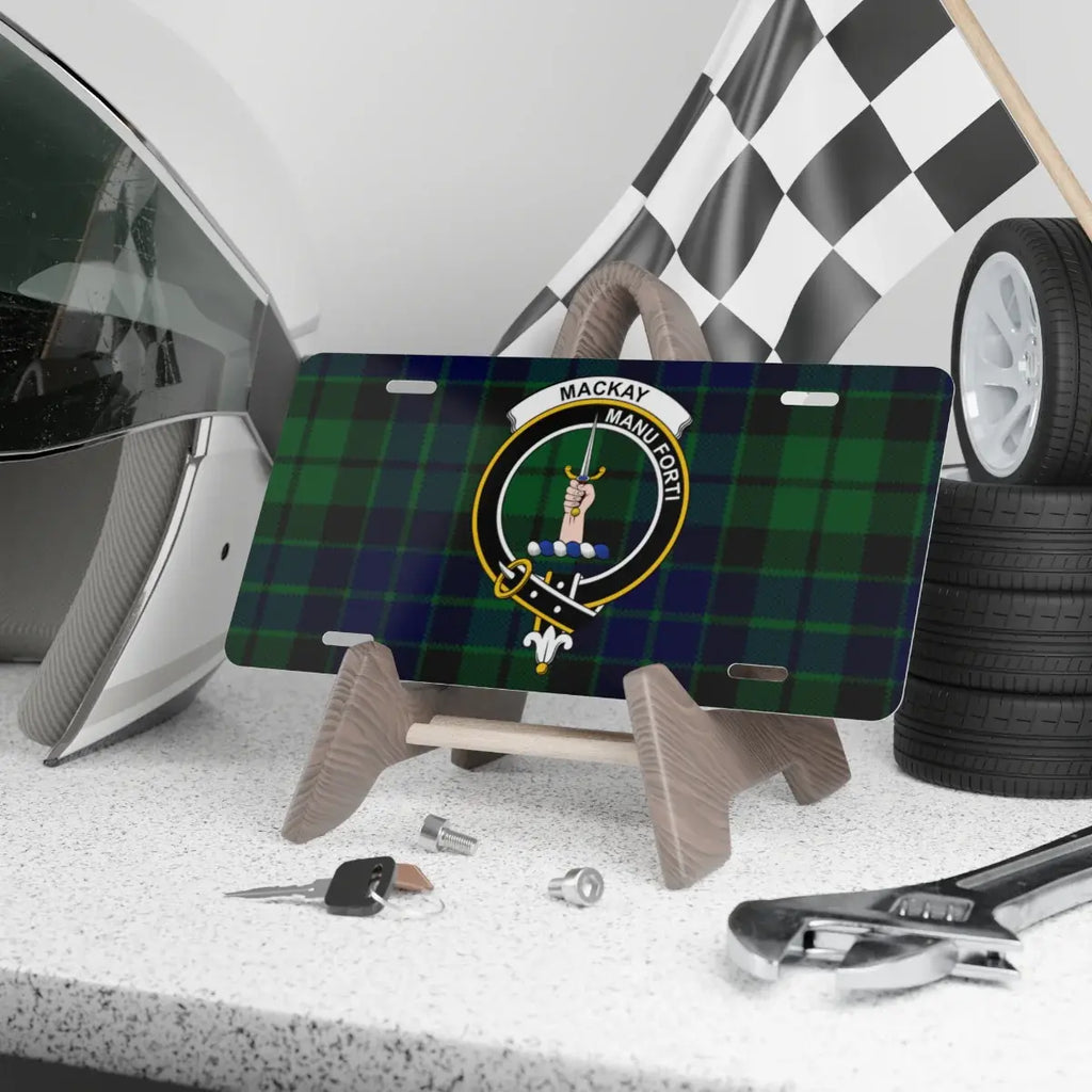 MacKay clan crest tartan novelty license plate — 12x6 aluminium with Manu Forti heraldic design