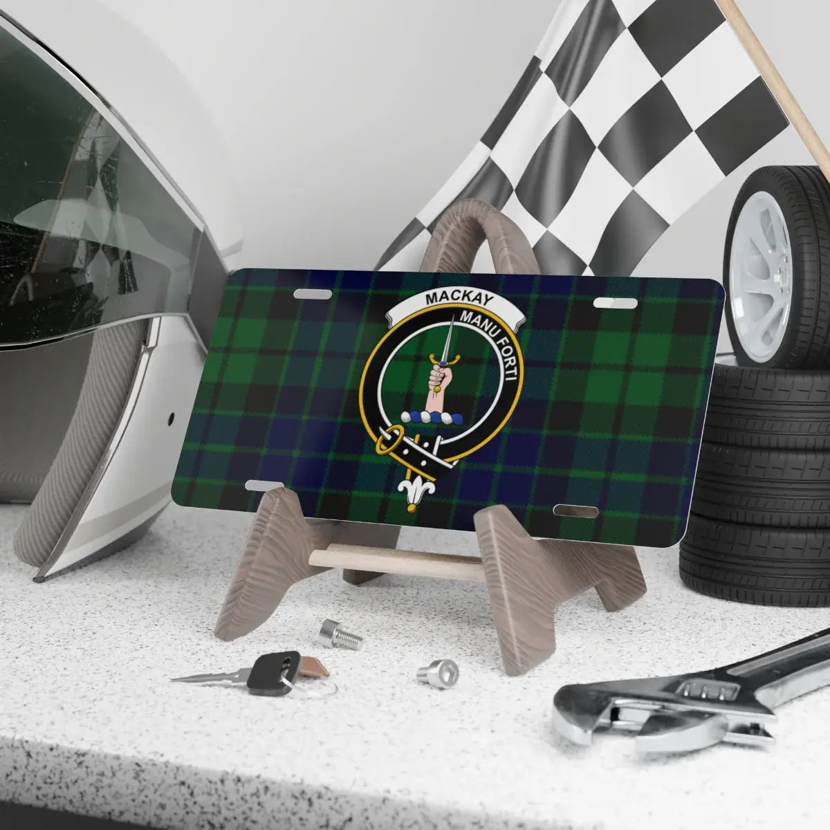 MacKay clan crest tartan novelty license plate — 12x6 aluminium with Manu Forti heraldic design