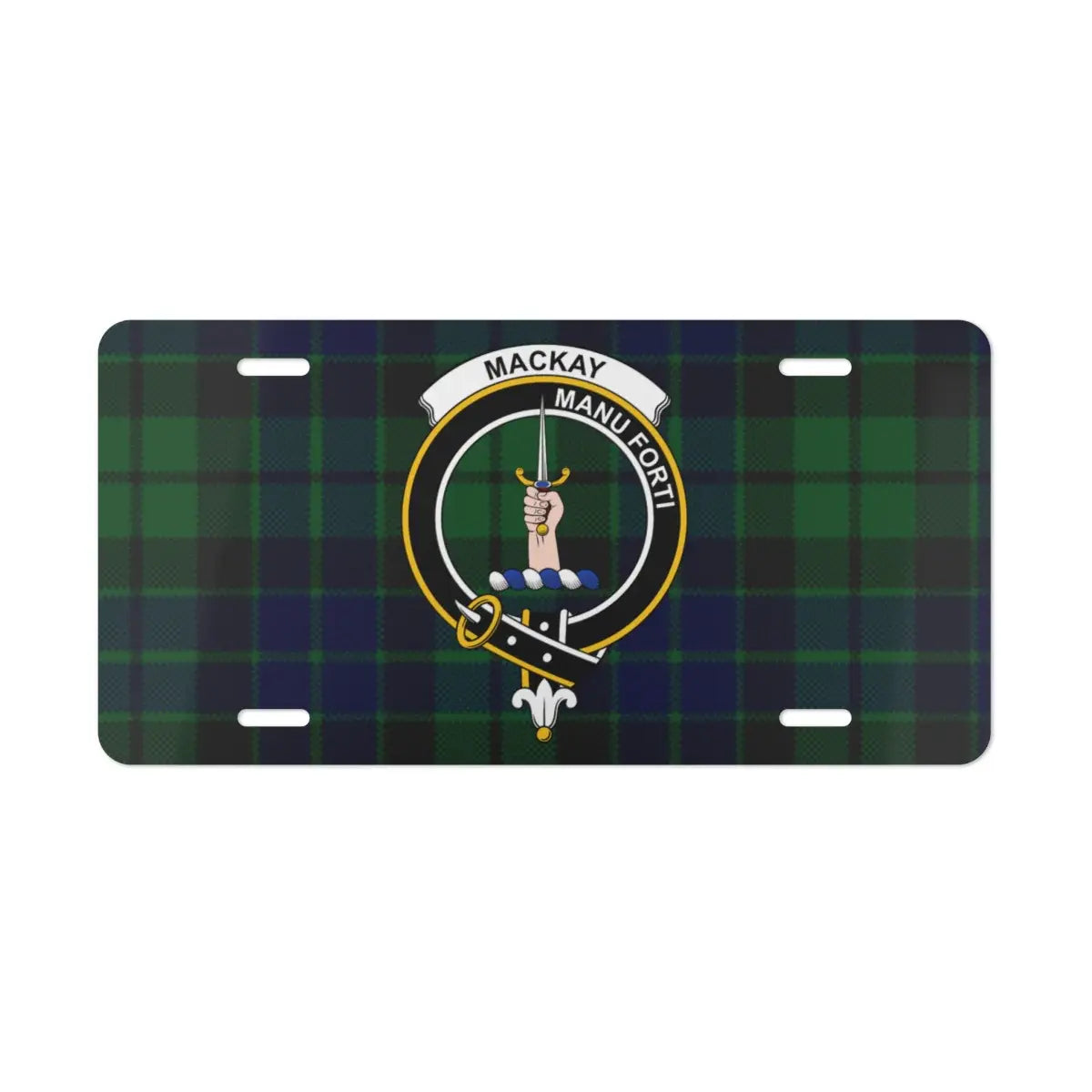 MacKay Manu Forti clan tartan design license plate — With a Strong Hand design on aluminium