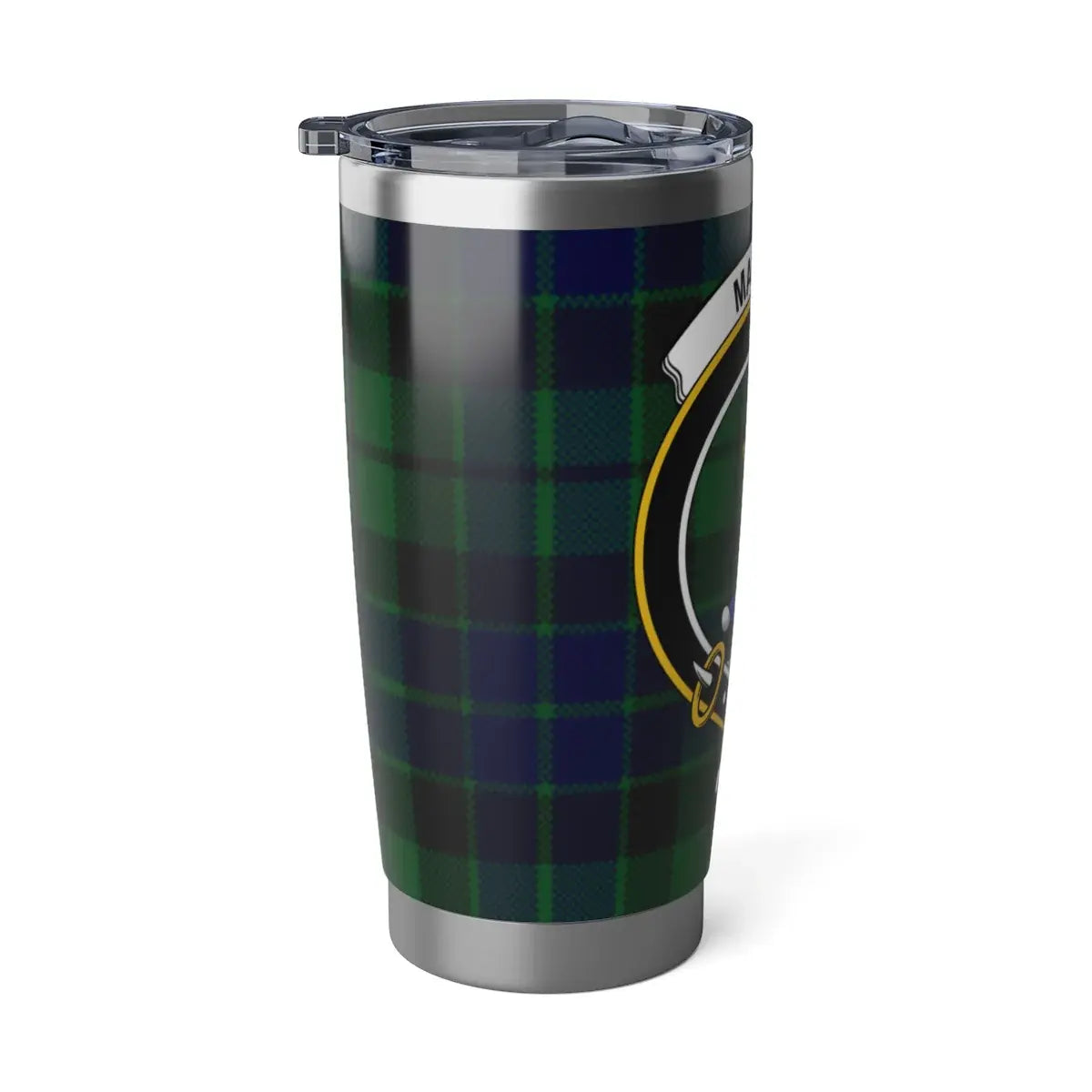 MacKay clan crest plaid shield design tumbler — 20oz stainless steel with Manu Forti motto