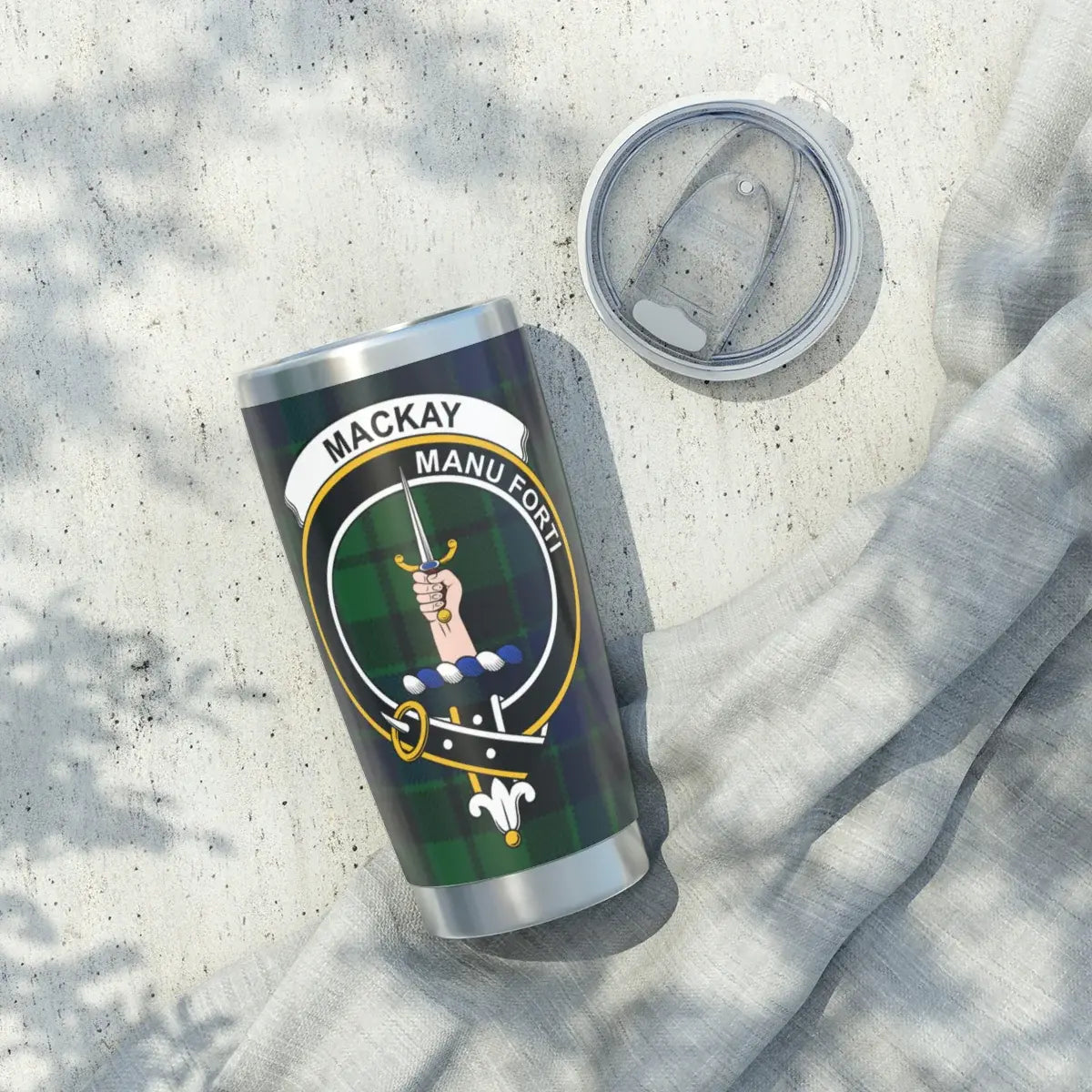 MacKay Manu Forti clan crest tumbler with distinctive design — 20oz insulated stainless steel