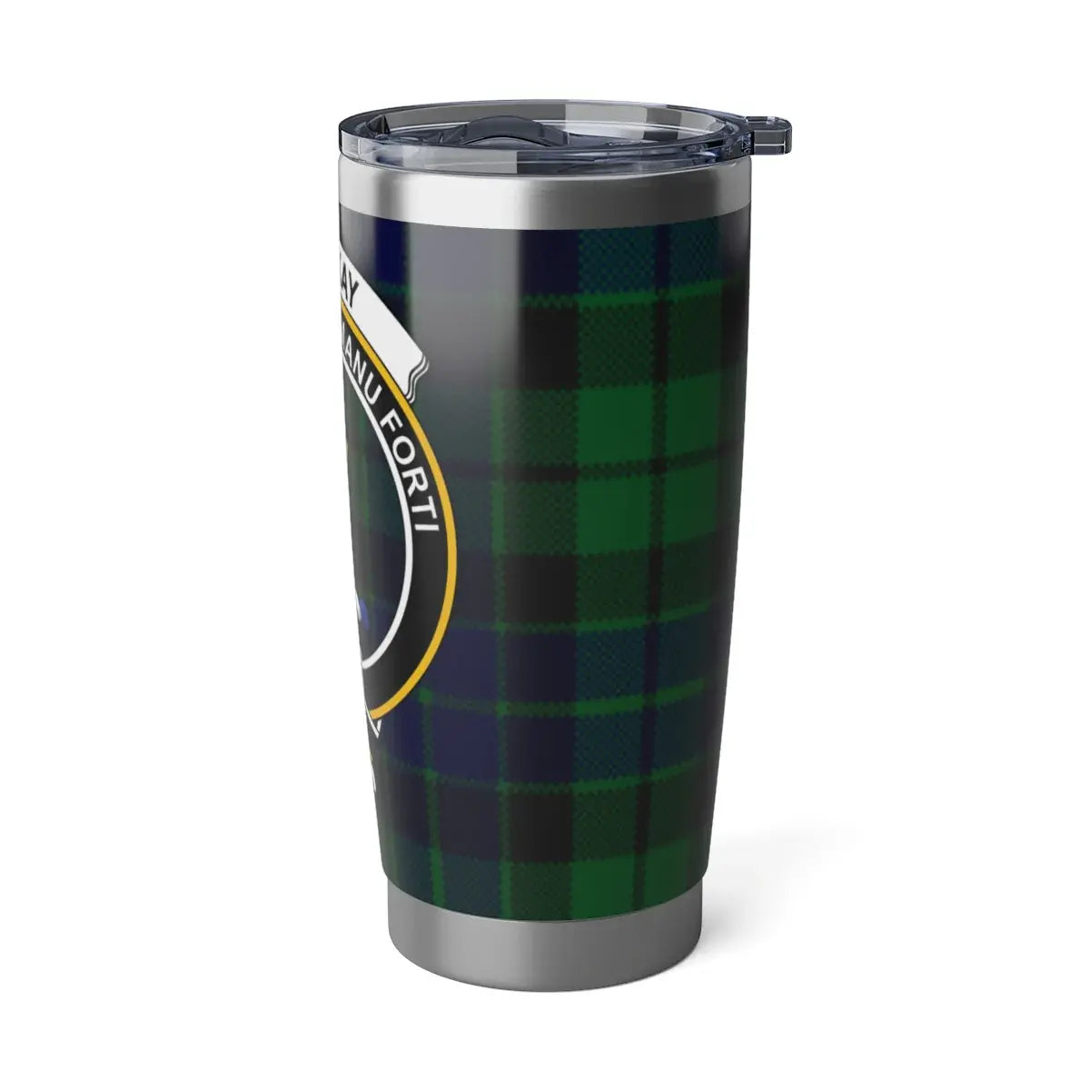 MacKay clan green plaid tartan travel mug with clan crest design — 20oz stainless steel