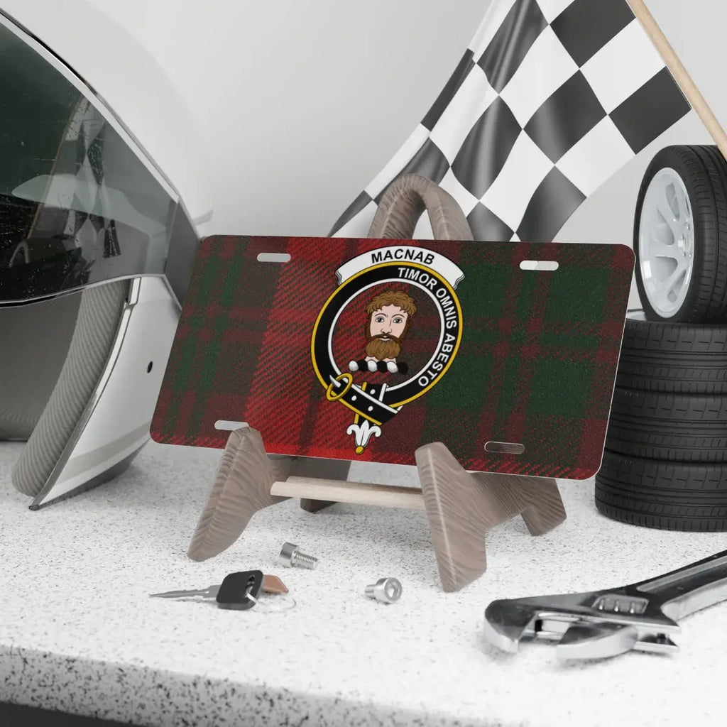 MacNab clan crest tartan novelty license plate — Timor Omnis Abesto on aluminium 12x6 inch