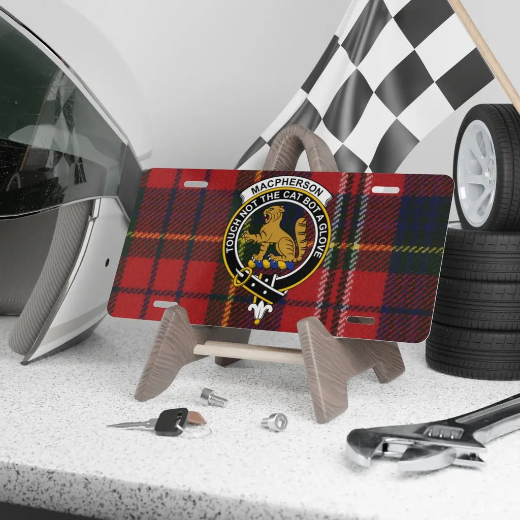 Clan MacPherson cat crest tartan novelty license plate — 12x6 inch aluminium with printed clan design
