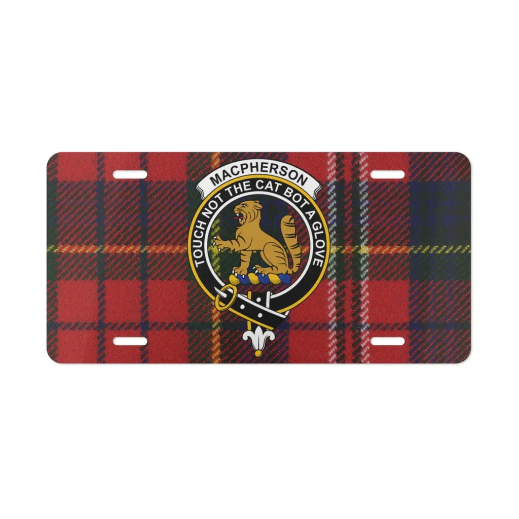 MacPherson clan crest and Touch Not The Cat tartan license plate front view — pre-drilled aluminium novelty plate
