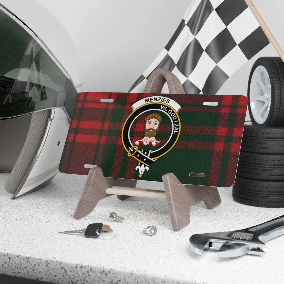 Clan Menzies Vil God I Zal tartan crest novelty license plate — 12x6 inch aluminium with printed clan design