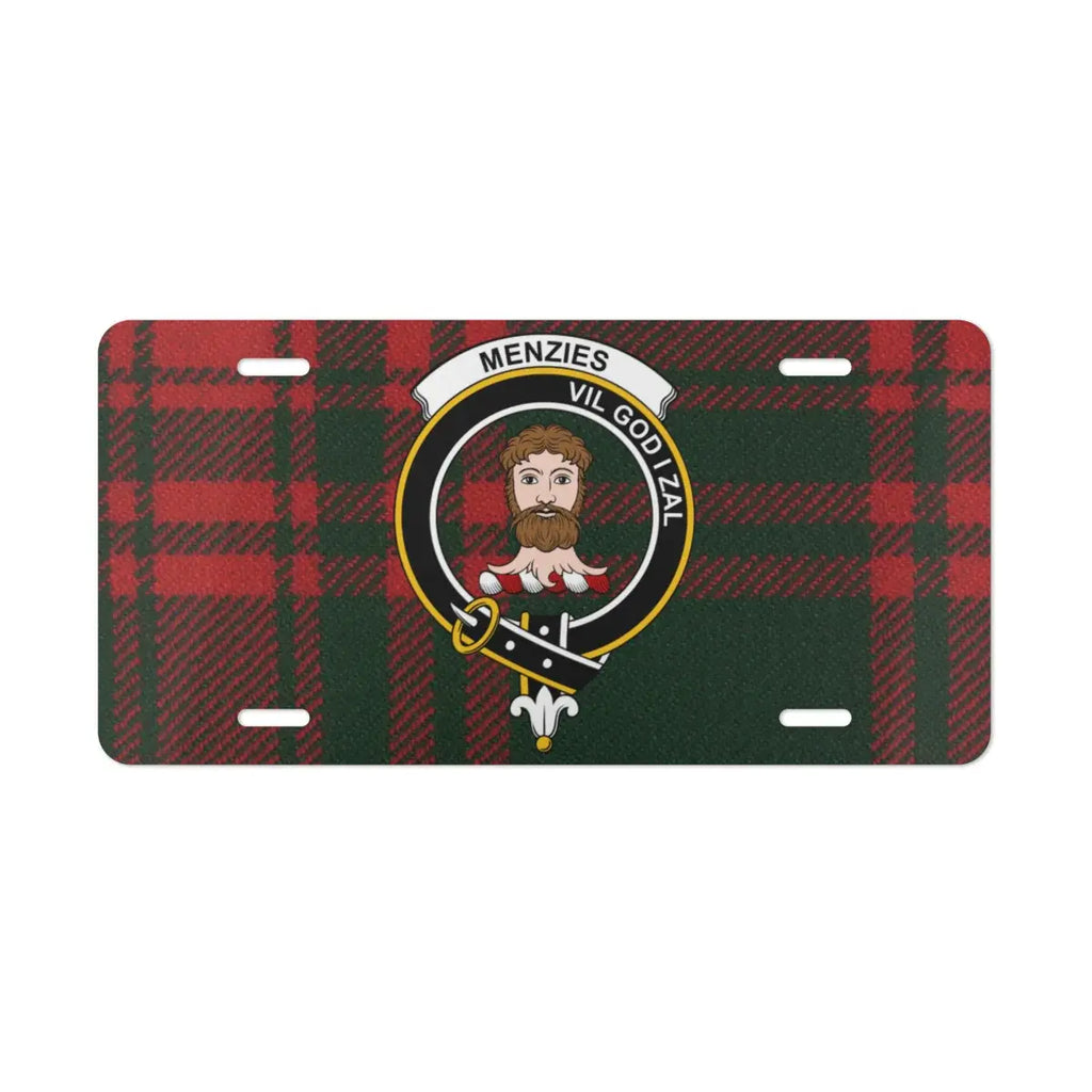 Menzies Vil God I Zal clan crest and red tartan license plate front view — pre-drilled aluminium novelty plate