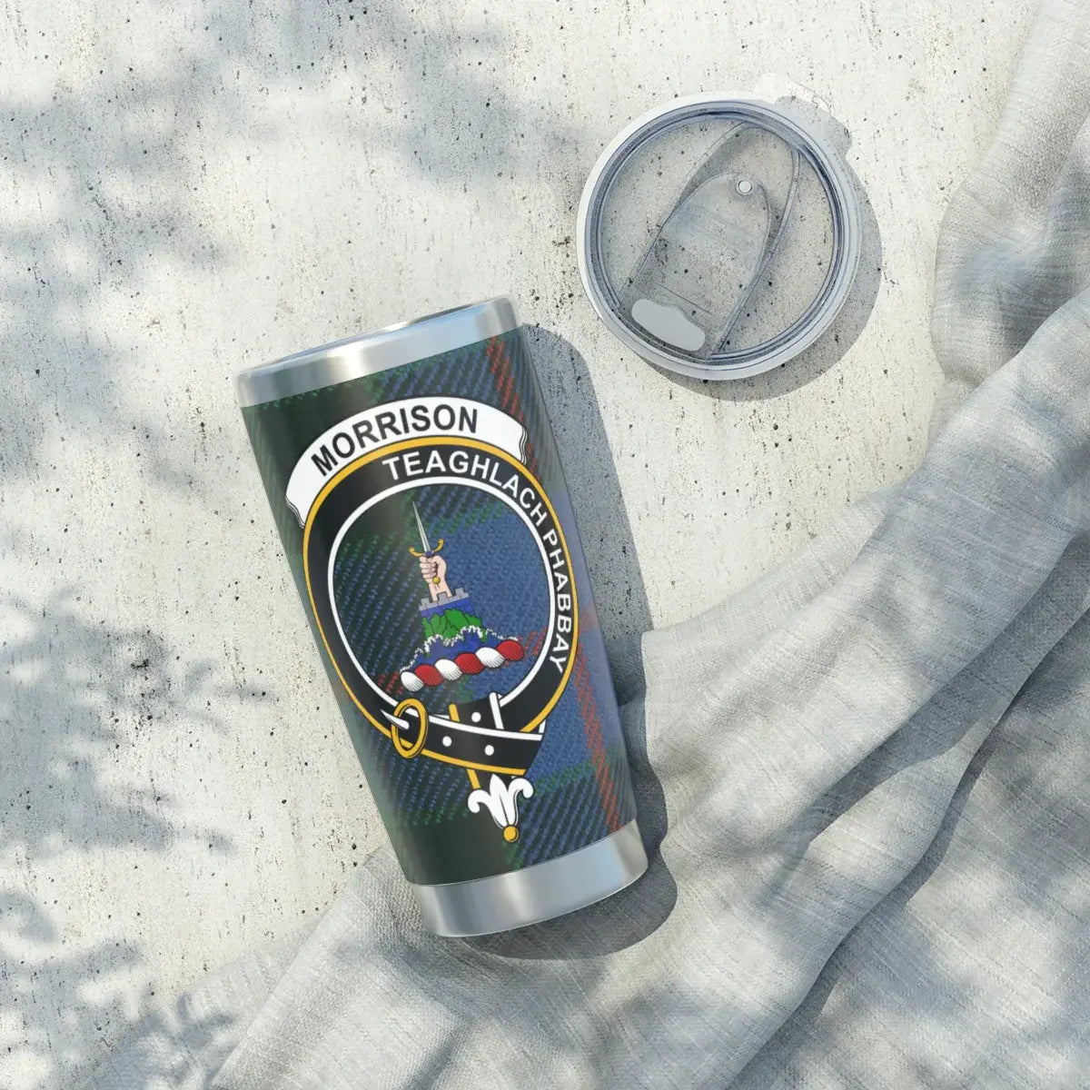 Morrison Teaghlach Phabbay insulated tumbler with lid — stainless steel clan crest drinkware