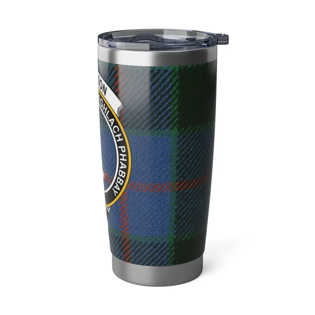 Morrison clan tartan pattern on insulated travel tumbler — 20oz stainless steel with Scottish crest