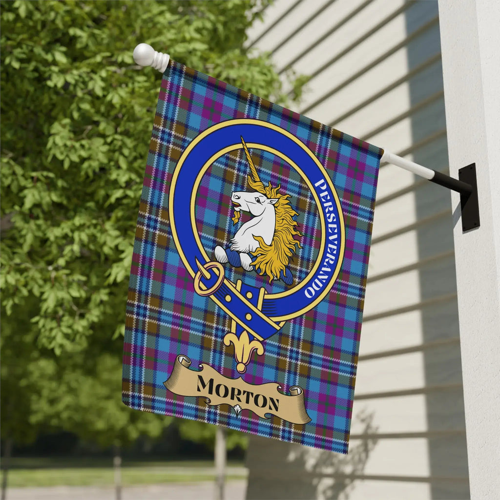Clan Morton tartan garden flag — 12" x 18" poly canvas with Perseverando unicorn crest