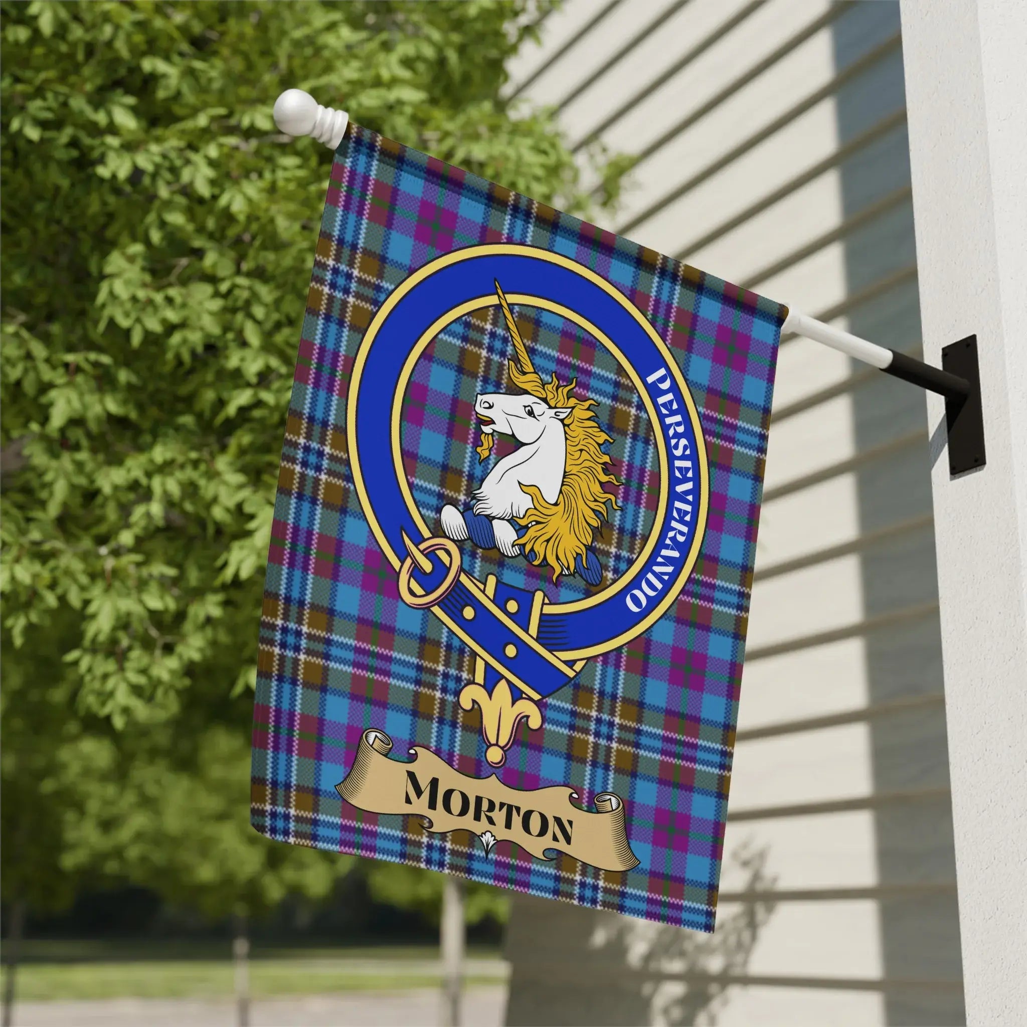 Clan Morton tartan garden flag — 12" x 18" poly canvas with Perseverando unicorn crest