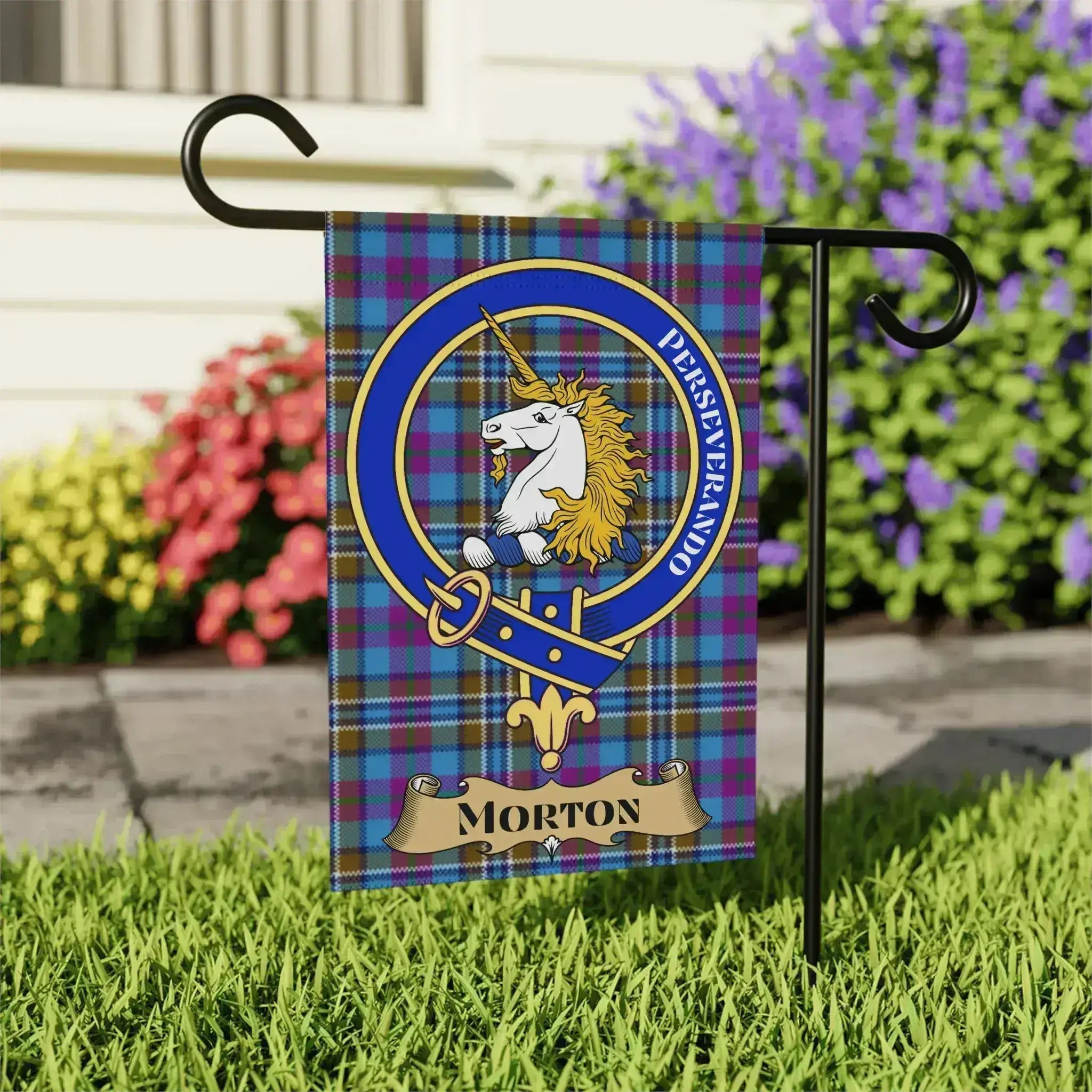 Morton clan crest outdoor flag — 24.5" x 32" tartan garden flag with unicorn emblem on post